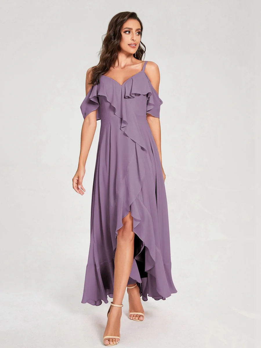 A-Line/Princess Spaghetti Straps V-Neck Short Sleeves Asymmetrical Bridemaid Dresses With Ruffles - Image 40