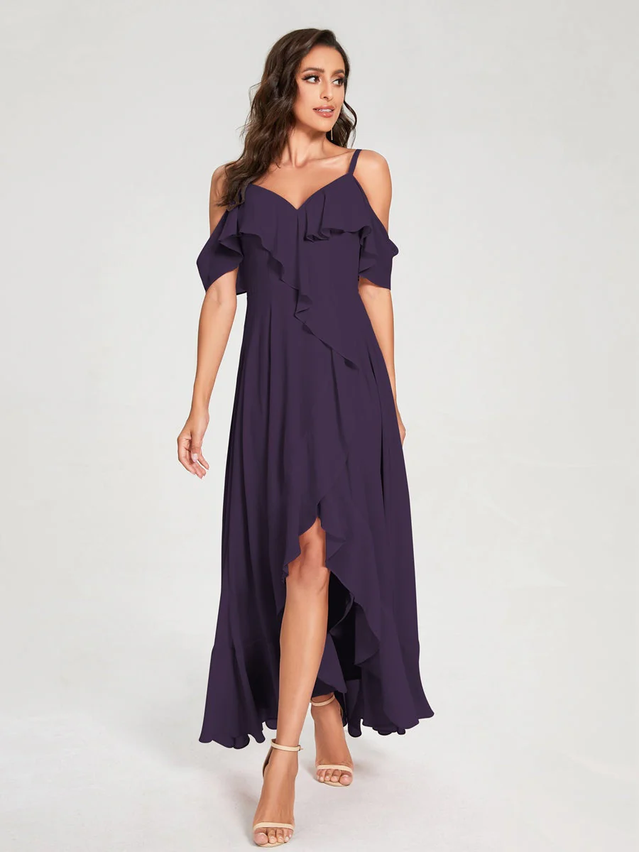 A-Line/Princess Spaghetti Straps V-Neck Short Sleeves Asymmetrical Bridemaid Dresses With Ruffles - Image 45