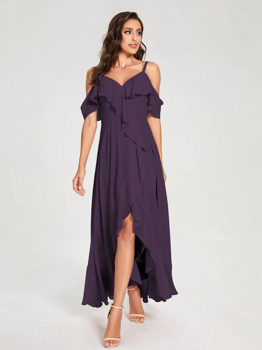 A-Line/Princess Spaghetti Straps V-Neck Short Sleeves Asymmetrical Bridemaid Dresses With Ruffles - Image 46