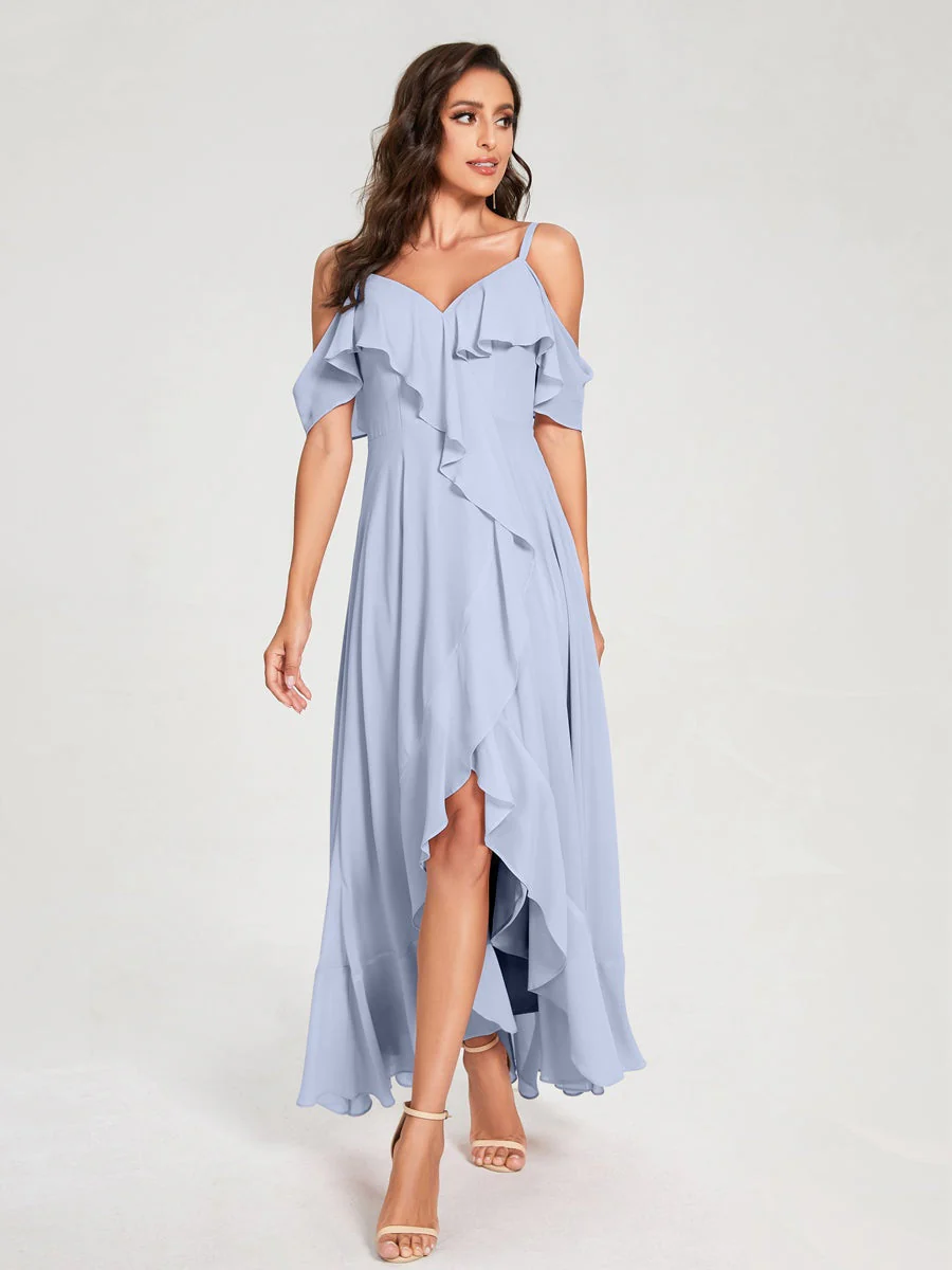 A-Line/Princess Spaghetti Straps V-Neck Short Sleeves Asymmetrical Bridemaid Dresses With Ruffles - Image 48