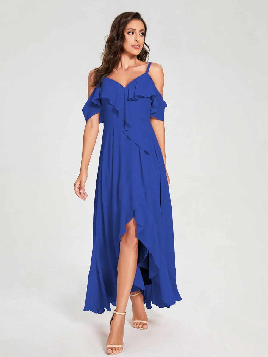 A-Line/Princess Spaghetti Straps V-Neck Short Sleeves Asymmetrical Bridemaid Dresses With Ruffles - Image 54
