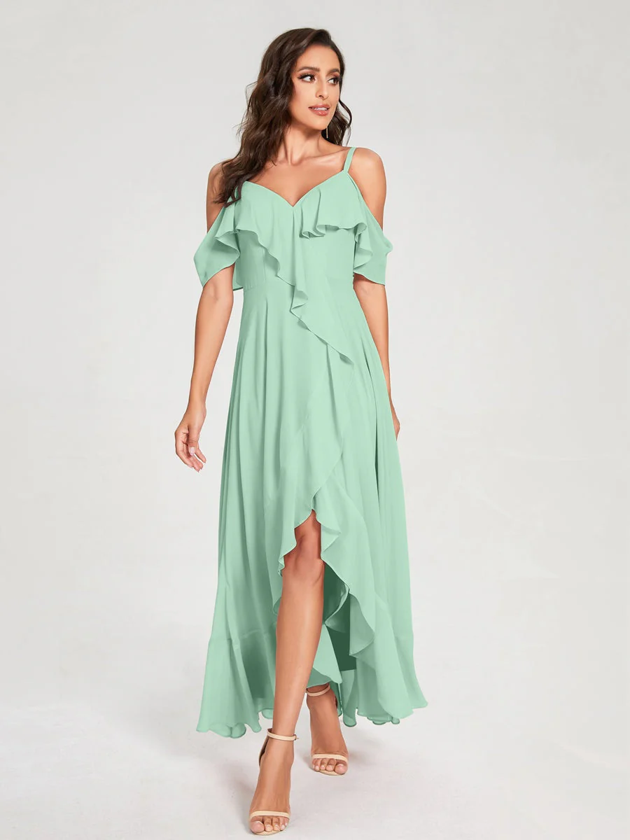 A-Line/Princess Spaghetti Straps V-Neck Short Sleeves Asymmetrical Bridemaid Dresses With Ruffles - Image 61