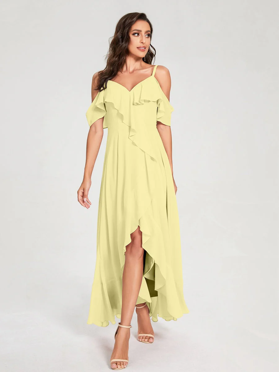 A-Line/Princess Spaghetti Straps V-Neck Short Sleeves Asymmetrical Bridemaid Dresses With Ruffles - Image 69