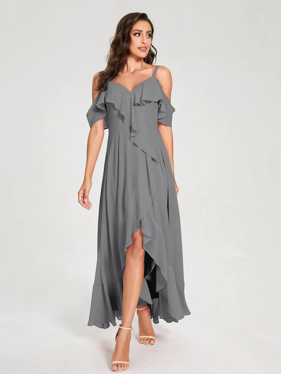 A-Line/Princess Spaghetti Straps V-Neck Short Sleeves Asymmetrical Bridemaid Dresses With Ruffles - Image 75