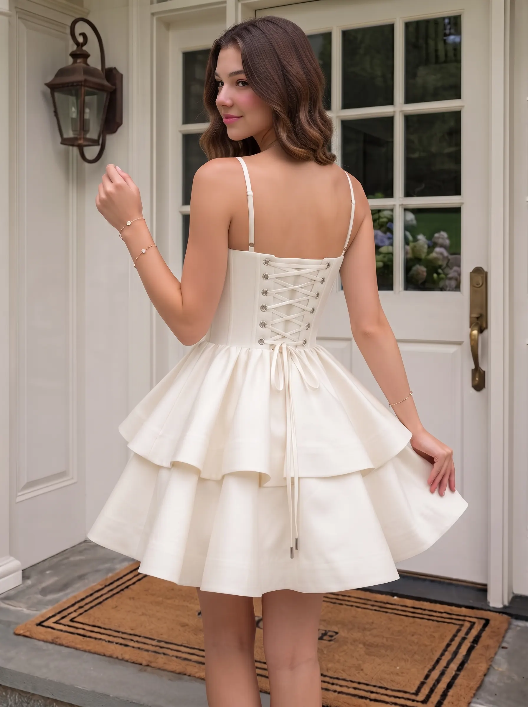 A-Line/Princess Spaghtti Straps Satin Homecoming Dresses Short/Mini Sleeveless Lace-up Back - Image 2