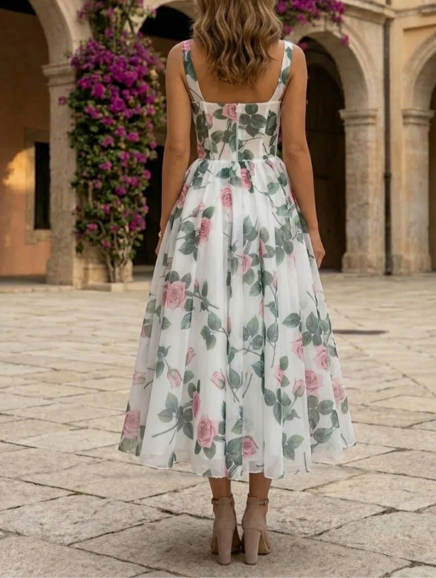 A-Line/Princess Square Collar Chiffon Cocktail Dresses Tea-Length Sleeveless Floral Formal Dresses - Image 2