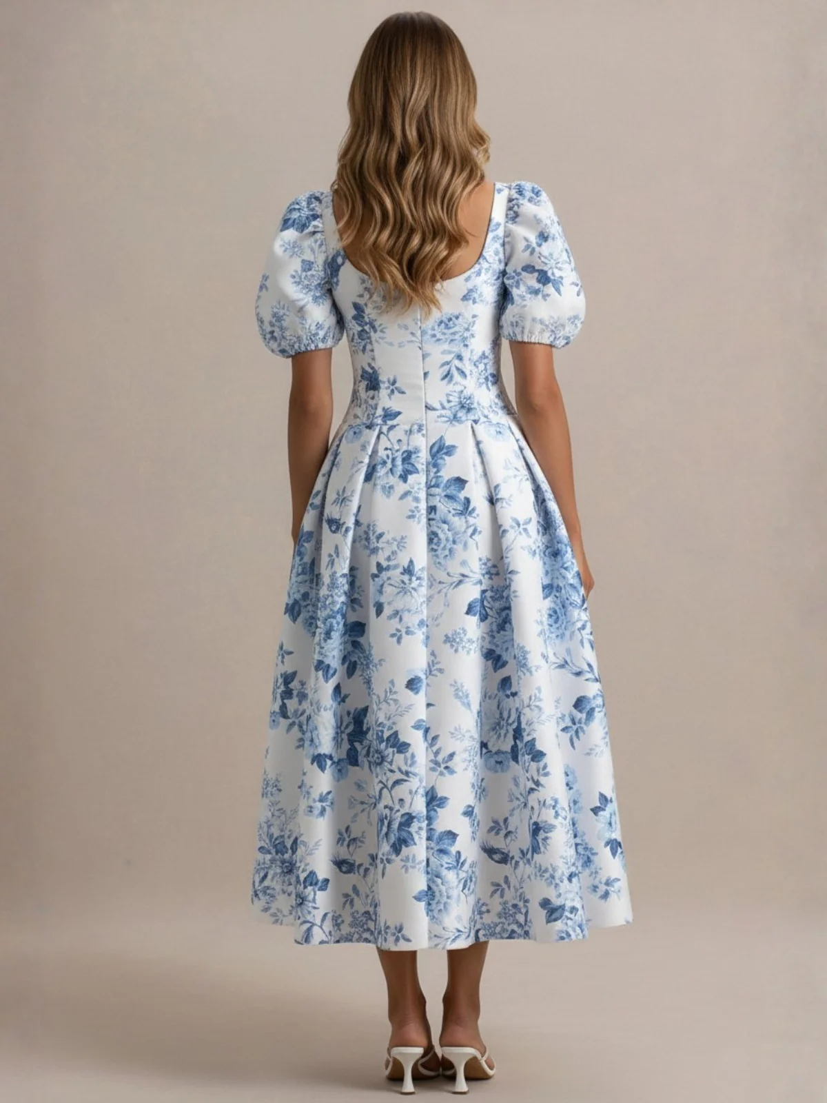 A-Line/Princess Square Collar Printed Flower Mother of the Bride Dresses Tea-Length Puff Sleeves Pleated - Image 2