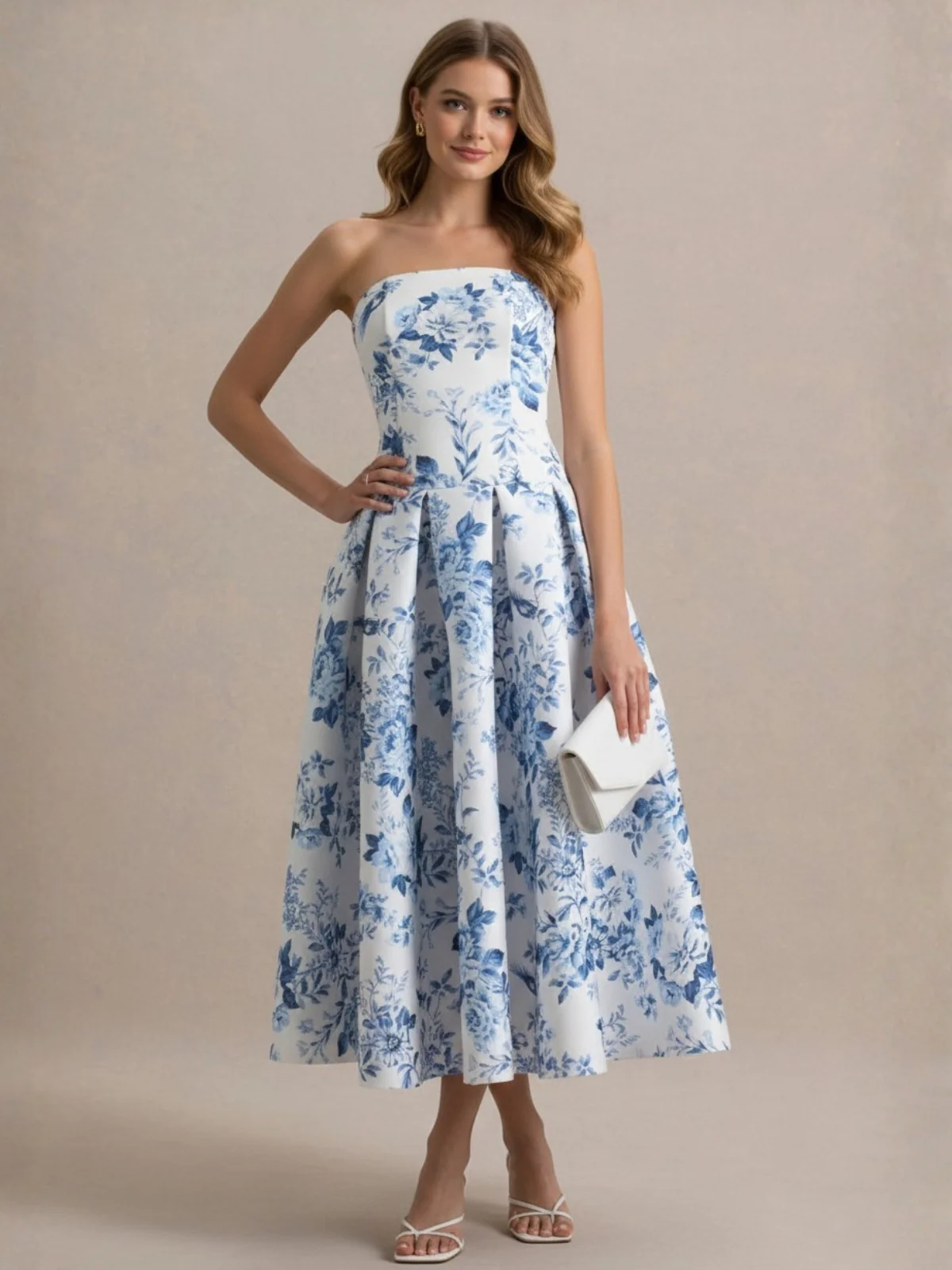 A-Line/Princess Square Collar Printed Flower Wedding Guest Dresses Tea-Length Spaghetti Straps Pleated - Image 3