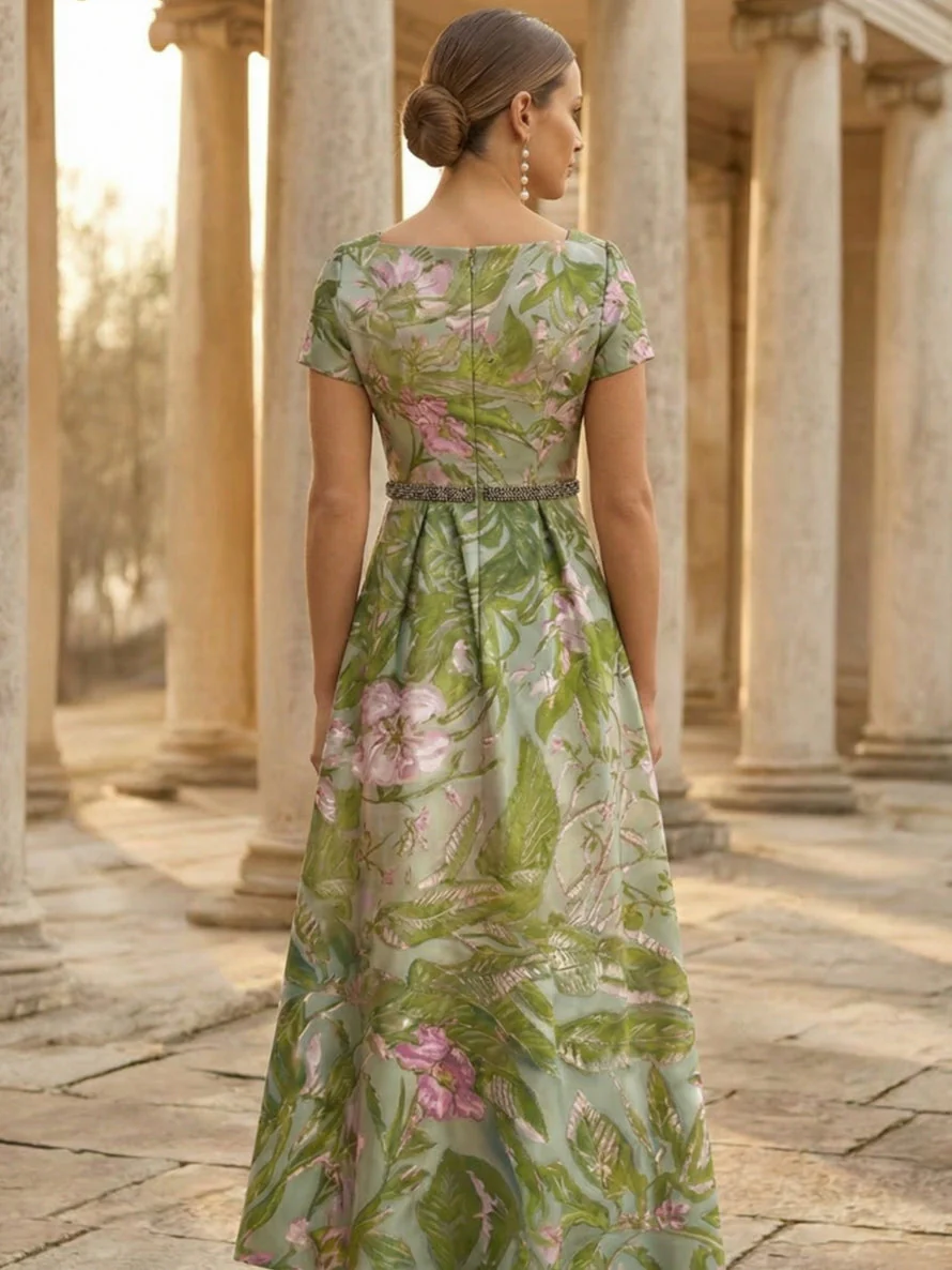 A-Line/Princess Square Collar Satin Mother of the Bride Dresses Floral Ankle-Length Short Sleeves - Image 2