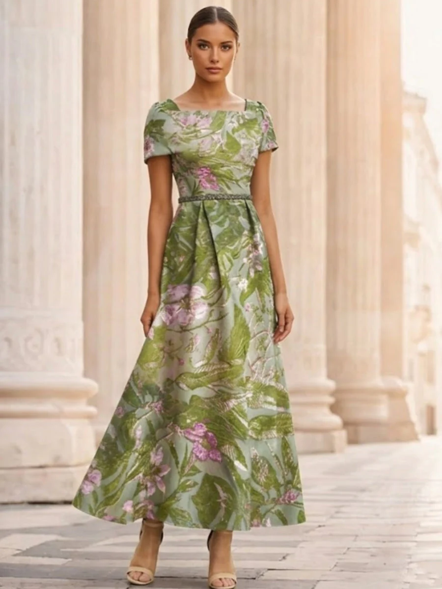 A-Line/Princess Square Collar Satin Mother of the Bride Dresses Floral Ankle-Length Short Sleeves - Image 3