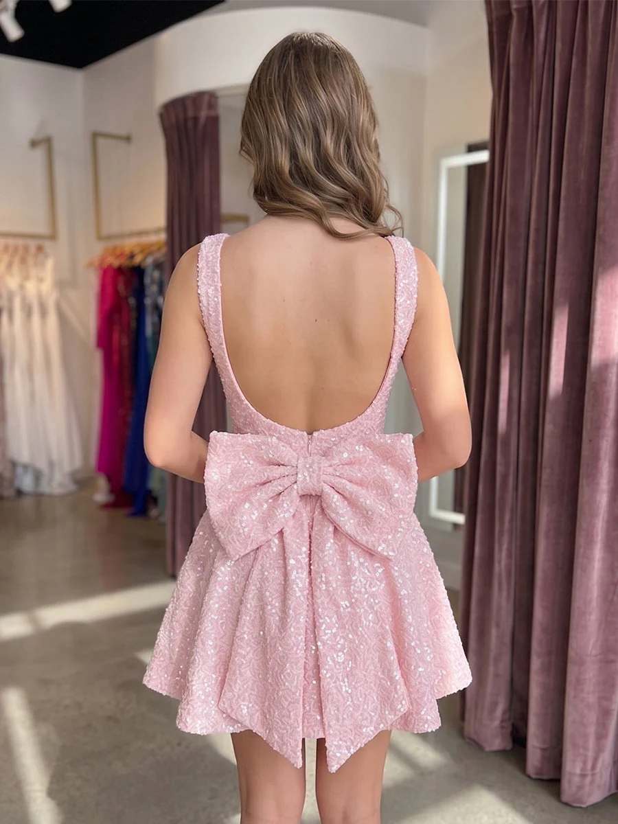 A-Line/Princess Square Collar Sequins Homecoming Dresses Sleeveless Short/Mini Bowknot - Image 2