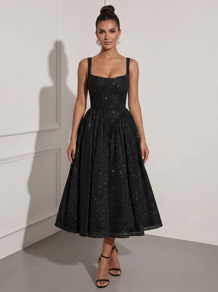 A-Line/Princess Square Collar Sparkle Mesh Cocktail Dresses Tea-Length Sleeveless Little White Dresses Formal Dresses - Image 3