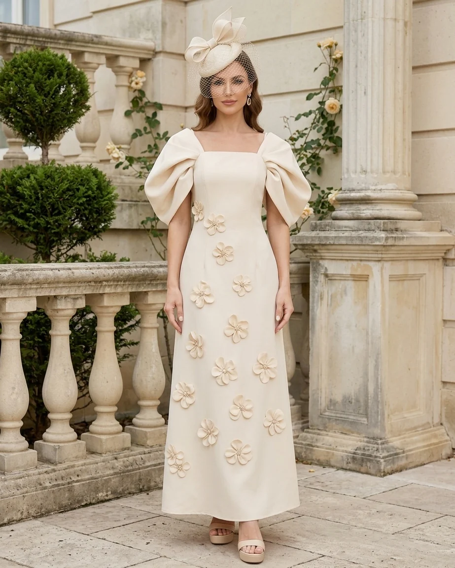A-Line/Princess Square Collar Stretch Satin Mother of the Bride Dresses with 3D Flowers Puff Sleeves Ankle-Length