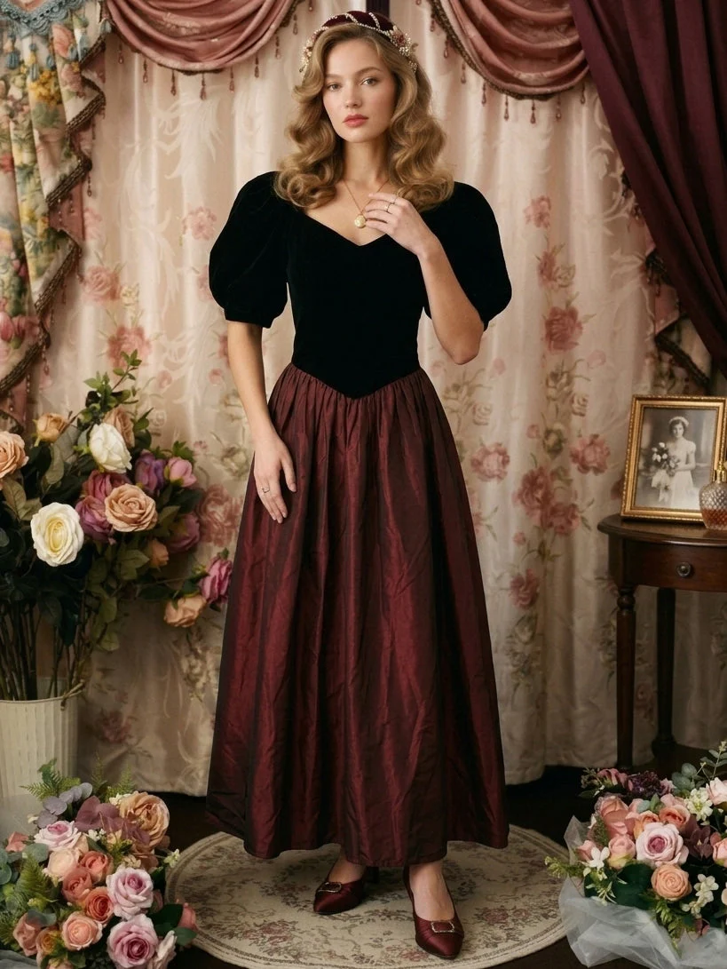 A-Line/Princess Square Collar Taffeta Prom Dresses Vintage 80s Iridescent Dress Short Sleeves Ankle-Length - Image 2