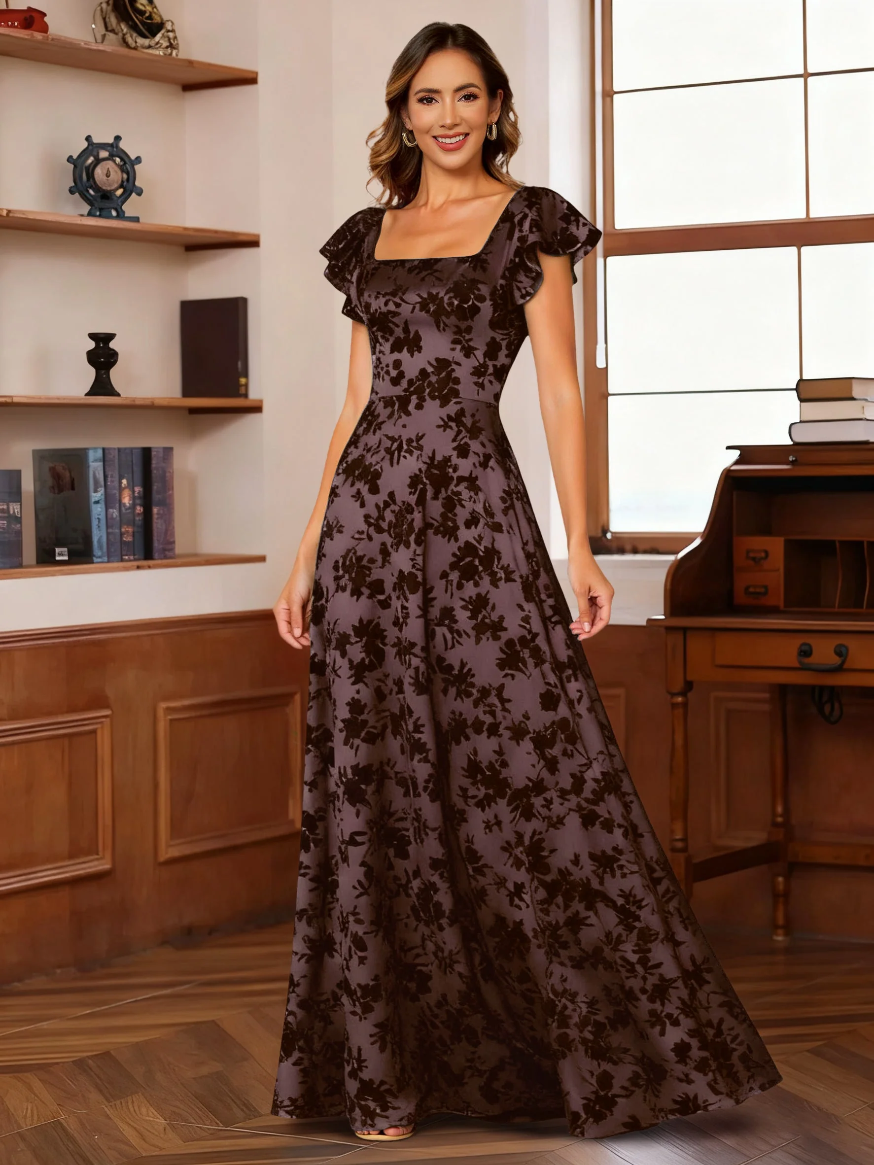 A-Line/Princess Square Collar Wedding Guest Dresses Short Sleeves Floor-Length with Ruffles - Image 3