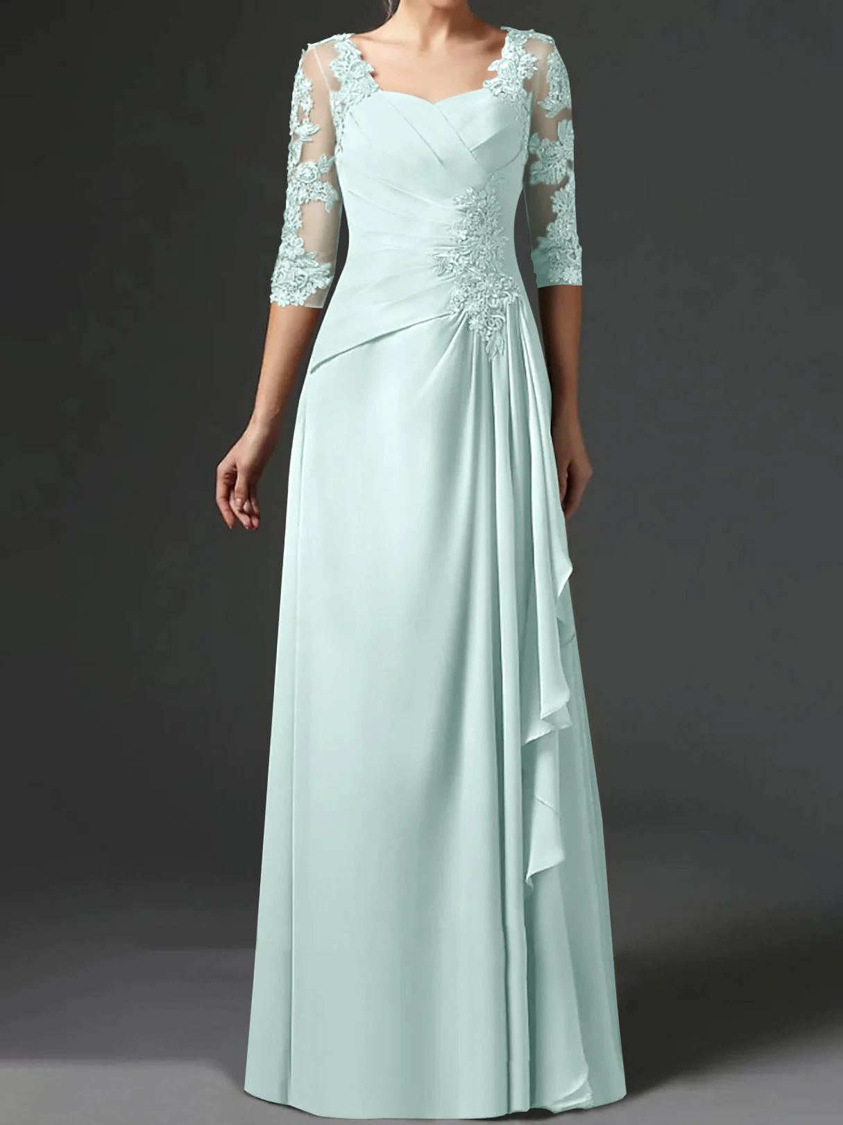 A-Line/Princess Square Neck Half Sleeves Floor-Length Mother of the Bride Dresses With Ruching - Image 46