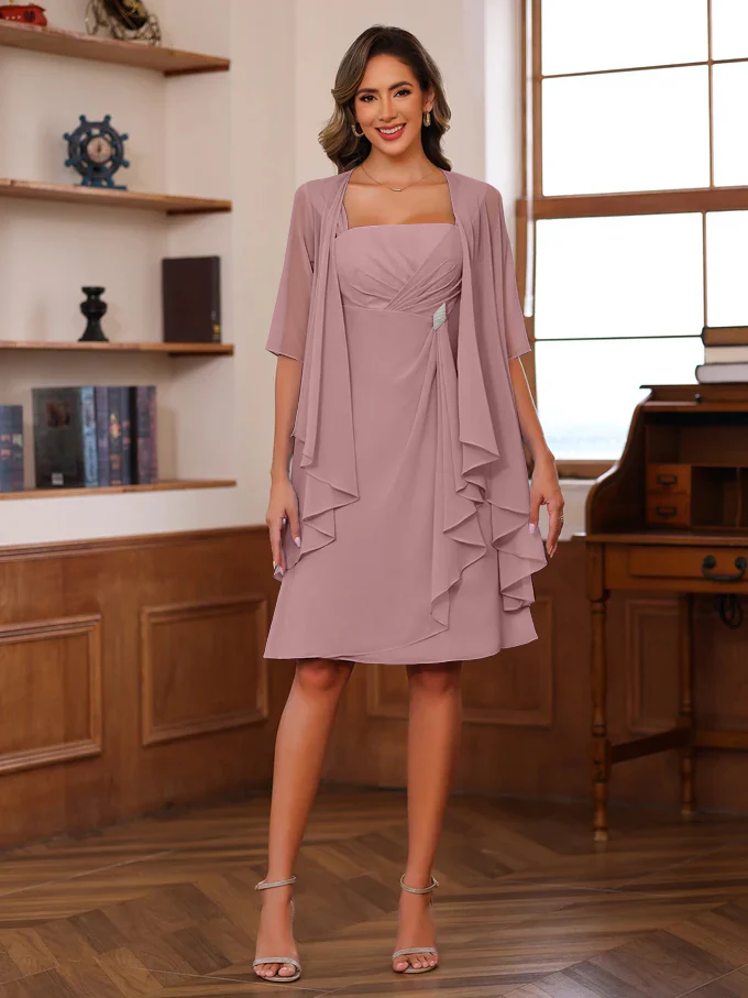 A-Line/Princess Square Neck Knee-Length Mother of the Bride Dresses With Ruffles & Jacket - Image 12