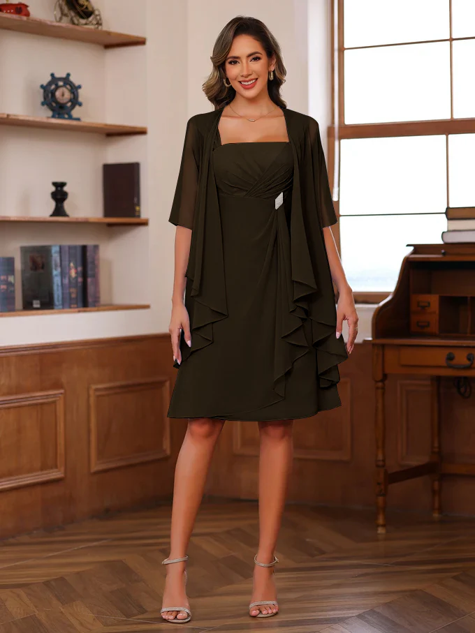 A-Line/Princess Square Neck Knee-Length Mother of the Bride Dresses With Ruffles & Jacket - Image 16