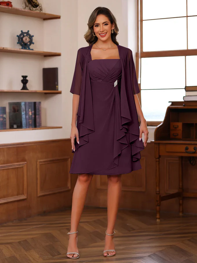 A-Line/Princess Square Neck Knee-Length Mother of the Bride Dresses With Ruffles & Jacket - Image 31