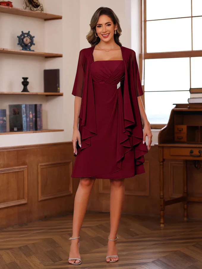A-Line/Princess Square Neck Knee-Length Mother of the Bride Dresses With Ruffles & Jacket - Image 44
