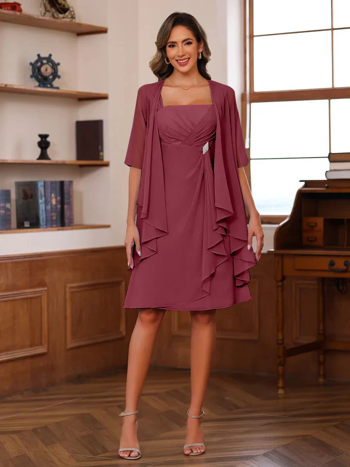 A-Line/Princess Square Neck Knee-Length Mother of the Bride Dresses With Ruffles & Jacket - Image 52