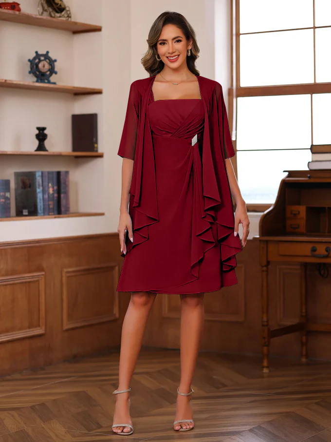 A-Line/Princess Square Neck Knee-Length Mother of the Bride Dresses With Ruffles & Jacket - Image 58