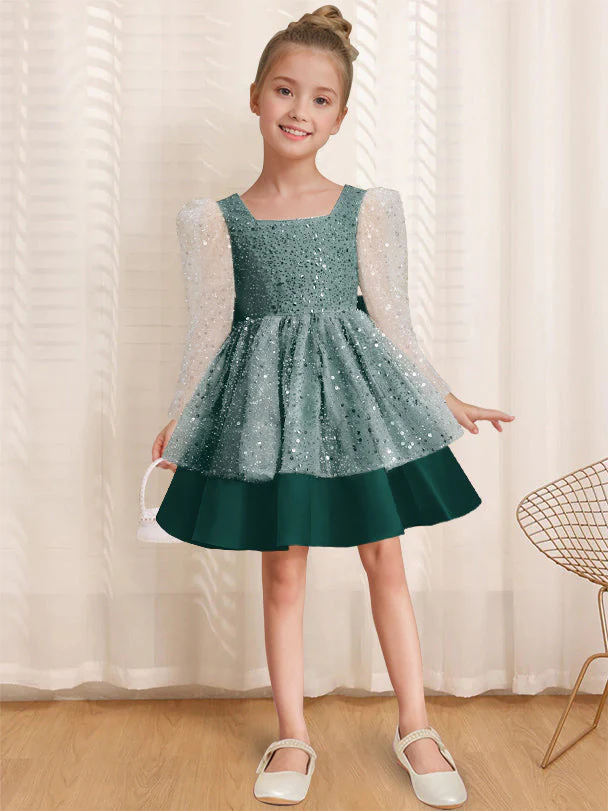 A-Line/Princess Square Neck Long Sleeves Knee-Length Flower Girl Dress with Bowknot - Image 10