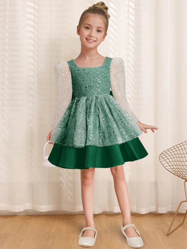 A-Line/Princess Square Neck Long Sleeves Knee-Length Flower Girl Dress with Bowknot - Image 11