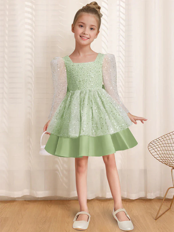 A-Line/Princess Square Neck Long Sleeves Knee-Length Flower Girl Dress with Bowknot - Image 12