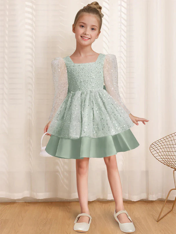 A-Line/Princess Square Neck Long Sleeves Knee-Length Flower Girl Dress with Bowknot - Image 13