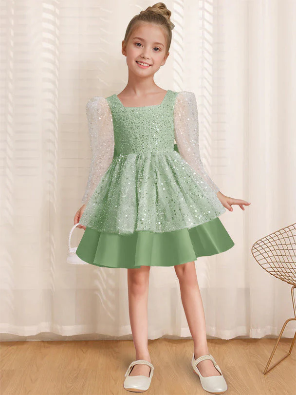A-Line/Princess Square Neck Long Sleeves Knee-Length Flower Girl Dress with Bowknot - Image 14