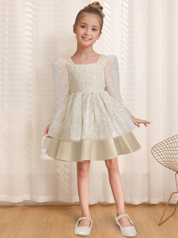 A-Line/Princess Square Neck Long Sleeves Knee-Length Flower Girl Dress with Bowknot - Image 16