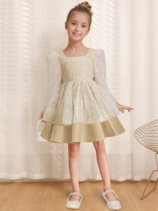 A-Line/Princess Square Neck Long Sleeves Knee-Length Flower Girl Dress with Bowknot - Image 17