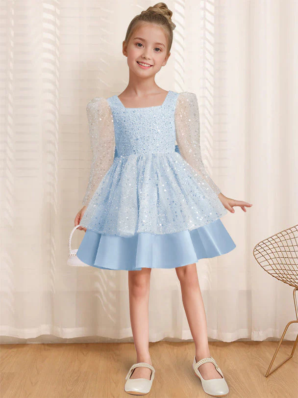 A-Line/Princess Square Neck Long Sleeves Knee-Length Flower Girl Dress with Bowknot - Image 18