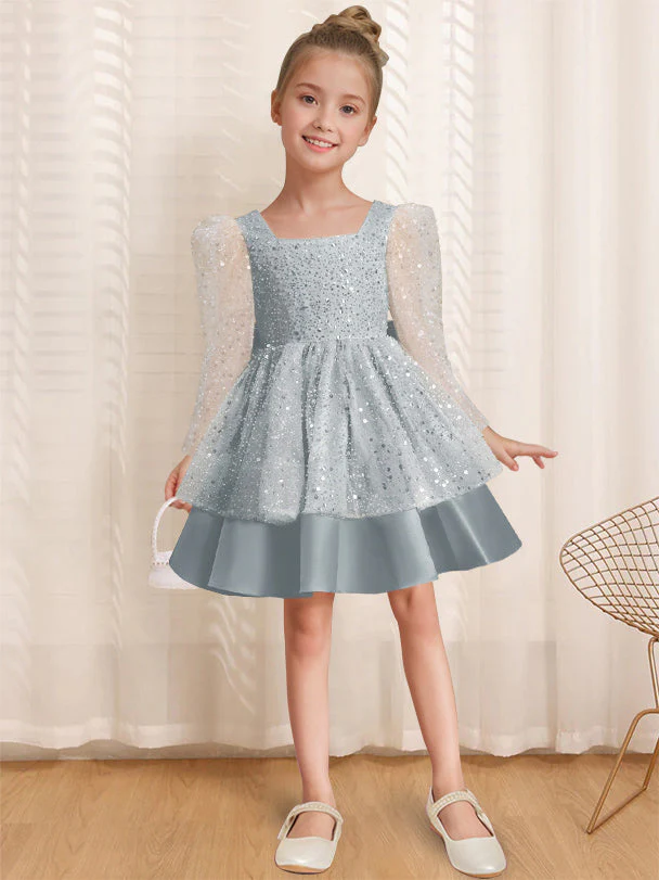 A-Line/Princess Square Neck Long Sleeves Knee-Length Flower Girl Dress with Bowknot - Image 19