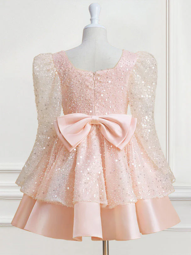 A-Line/Princess Square Neck Long Sleeves Knee-Length Flower Girl Dress with Bowknot - Image 2