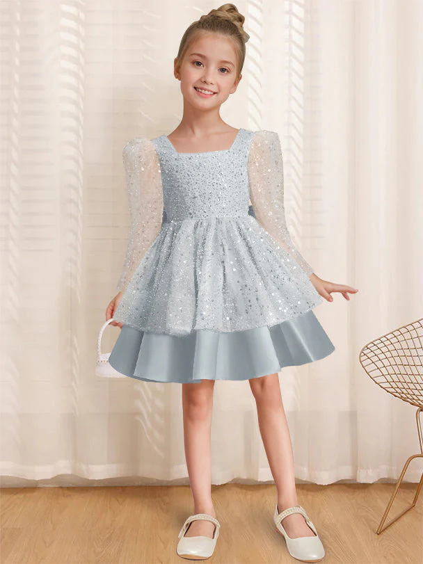 A-Line/Princess Square Neck Long Sleeves Knee-Length Flower Girl Dress with Bowknot - Image 20
