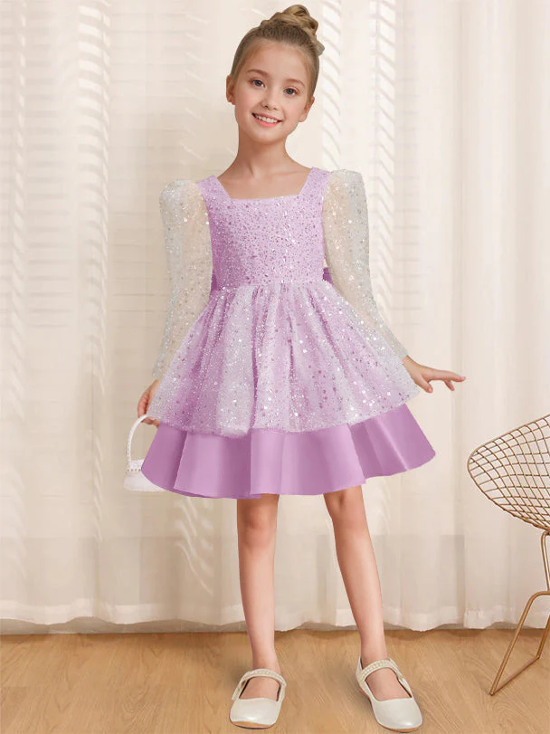 A-Line/Princess Square Neck Long Sleeves Knee-Length Flower Girl Dress with Bowknot - Image 21