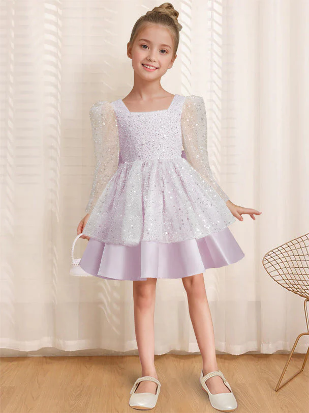 A-Line/Princess Square Neck Long Sleeves Knee-Length Flower Girl Dress with Bowknot - Image 22