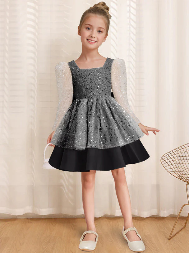 A-Line/Princess Square Neck Long Sleeves Knee-Length Flower Girl Dress with Bowknot - Image 24