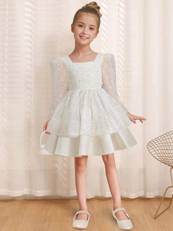 A-Line/Princess Square Neck Long Sleeves Knee-Length Flower Girl Dress with Bowknot - Image 4