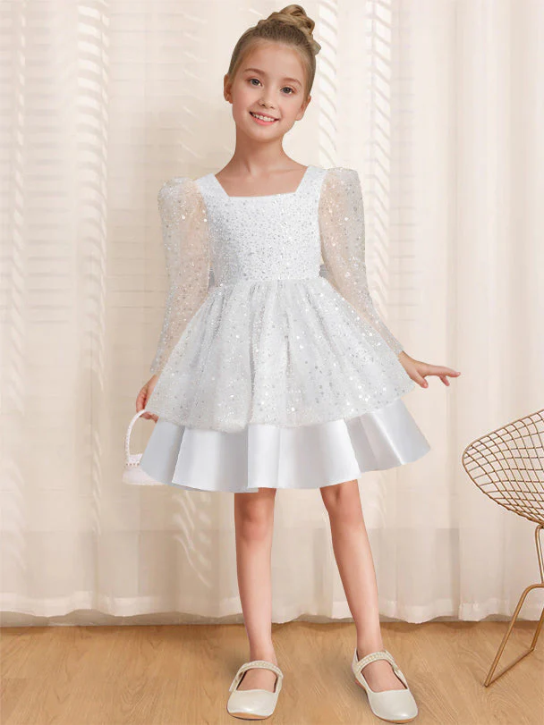 A-Line/Princess Square Neck Long Sleeves Knee-Length Flower Girl Dress with Bowknot - Image 5