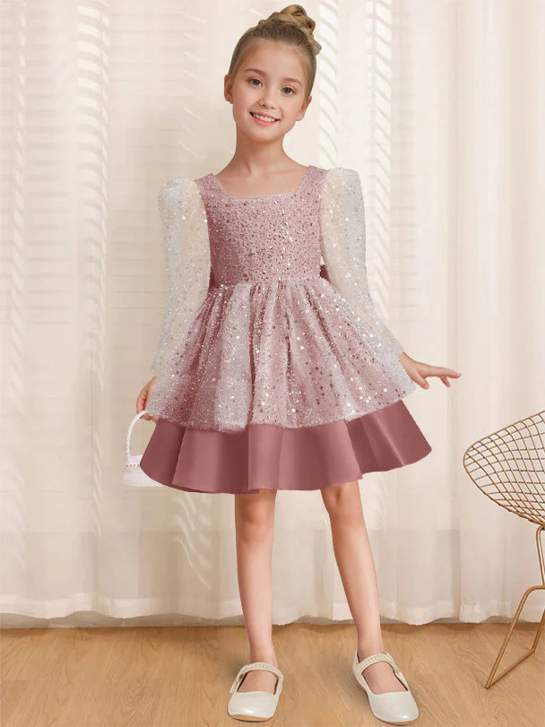 A-Line/Princess Square Neck Long Sleeves Knee-Length Flower Girl Dress with Bowknot - Image 6