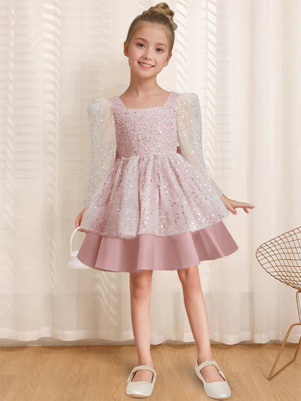 A-Line/Princess Square Neck Long Sleeves Knee-Length Flower Girl Dress with Bowknot - Image 7