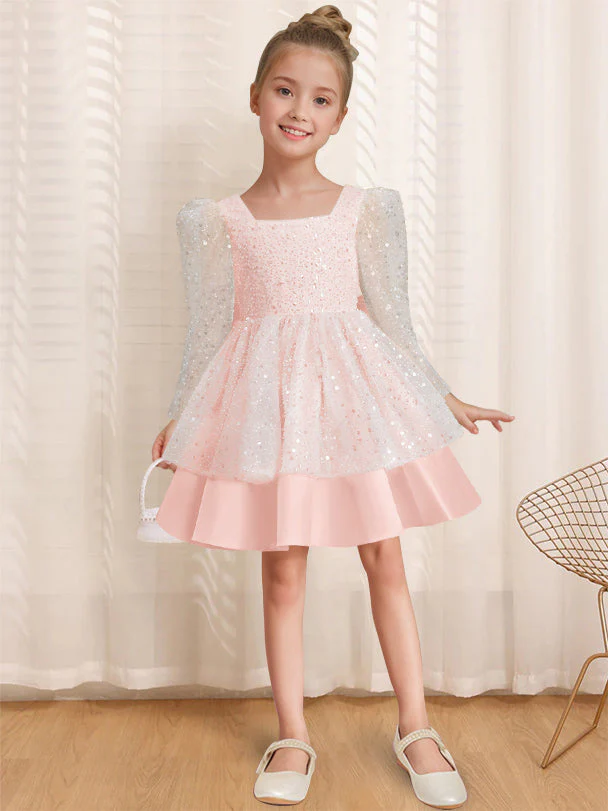 A-Line/Princess Square Neck Long Sleeves Knee-Length Flower Girl Dress with Bowknot - Image 8