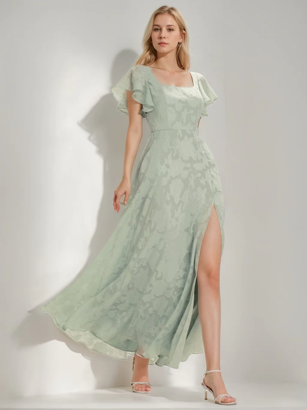 A-Line/Princess Square-Neck Short Sleeves Chiffon Floor-Length Bridesmaid Dresses with Split Side & Ruched