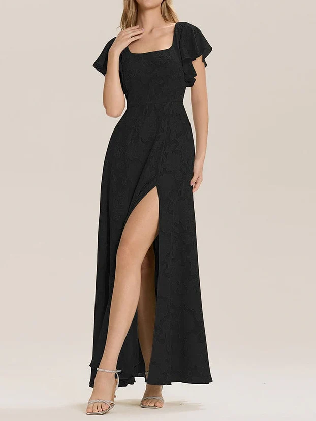 A-Line/Princess Square-Neck Short Sleeves Chiffon Floor-Length Bridesmaid Dresses with Split Side & Ruched - Image 5