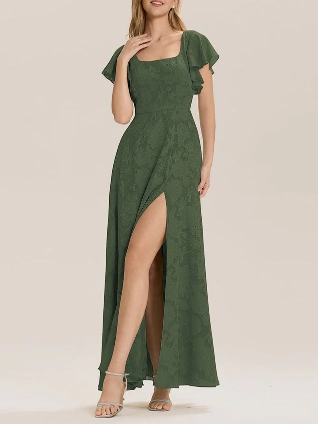 A-Line/Princess Square-Neck Short Sleeves Chiffon Floor-Length Bridesmaid Dresses with Split Side & Ruched - Image 6