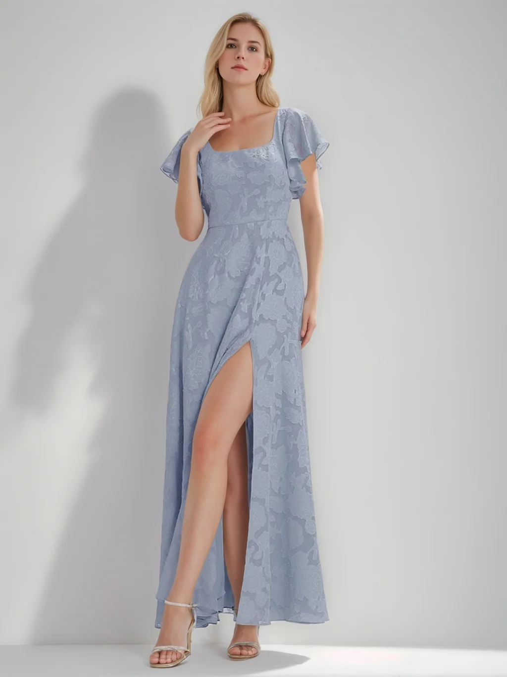 A-Line/Princess Square-Neck Short Sleeves Chiffon Floor-Length Bridesmaid Dresses with Split Side & Ruched - Image 7