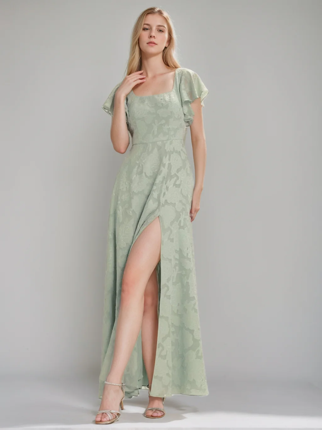 A-Line/Princess Square-Neck Short Sleeves Chiffon Floor-Length Bridesmaid Dresses with Split Side & Ruched - Image 8